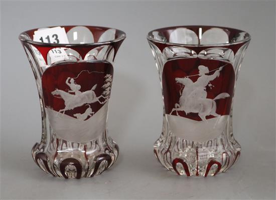 Two Bohemian ruby overlaid glass vases height 13cm